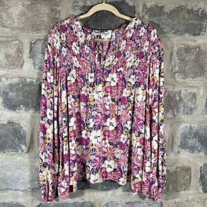 Hayden Blouse Women's 2XL Peasant‎ Floral Purple Pink Boho Smocked Festival